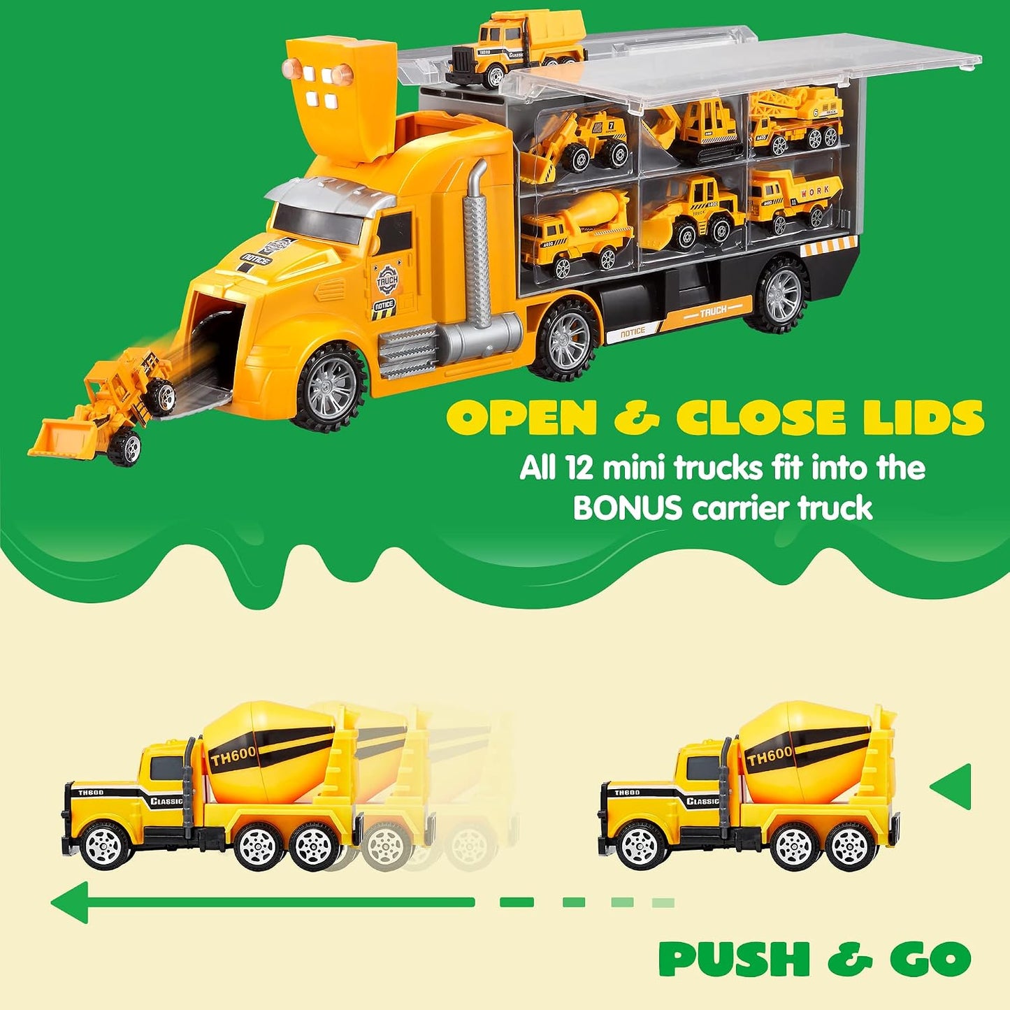 JOYIN 25Pcs Die-Cast Construction Play Vehicle Set with 25Pcs Rescue Emergency Fire Truck Car Vehicle Toy Set, Carrier Truck with Sounds and Lights, Birthday Gifts for over 3 Years Old Boys