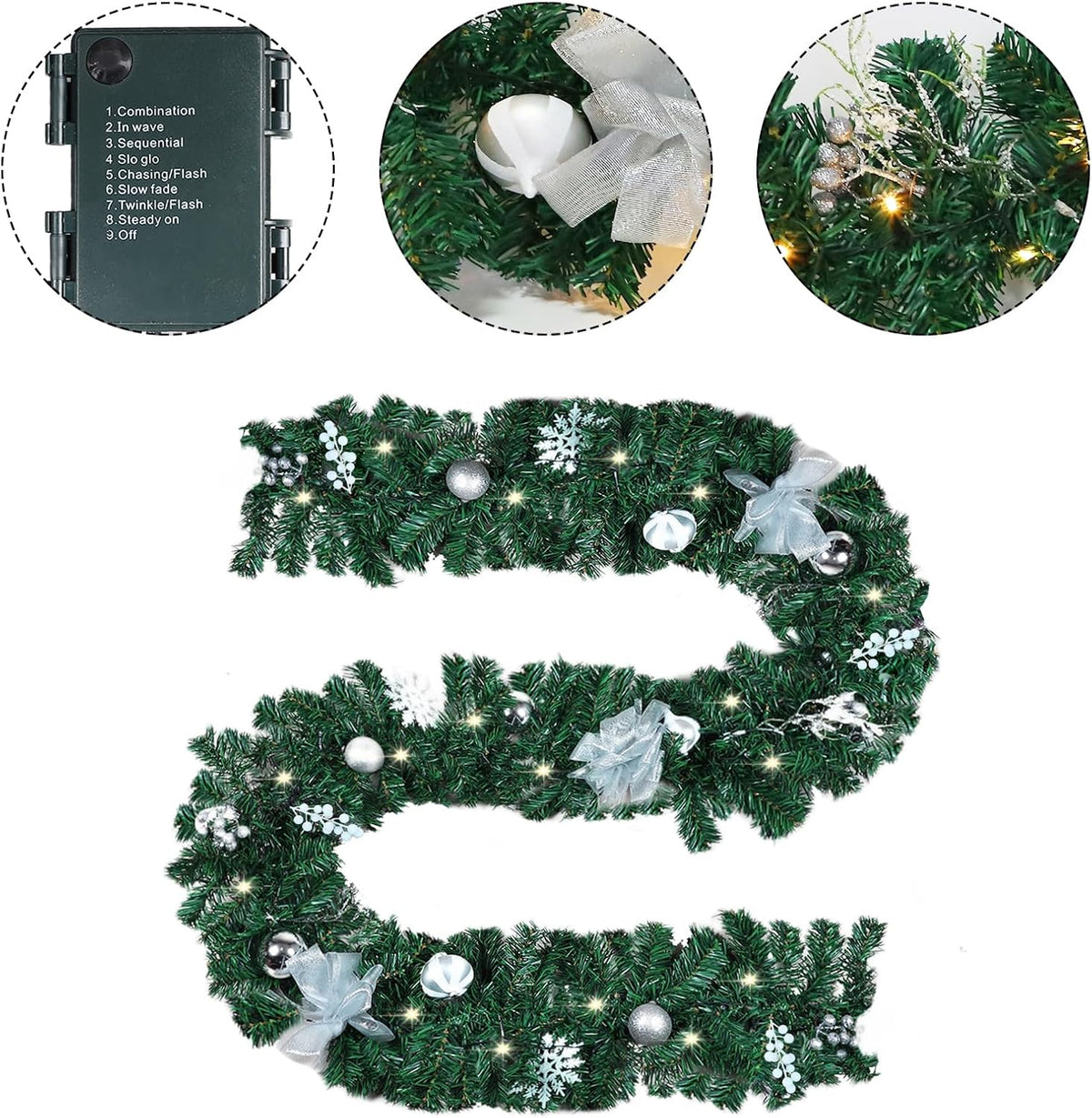 Mortime 9 FT LED Christmas Garland with Berries Bows Christmas Balls, Pre-Lit Artificial Garland with 50 Warm White LED Lights for Indoor Outdoor Christmas Decorations
