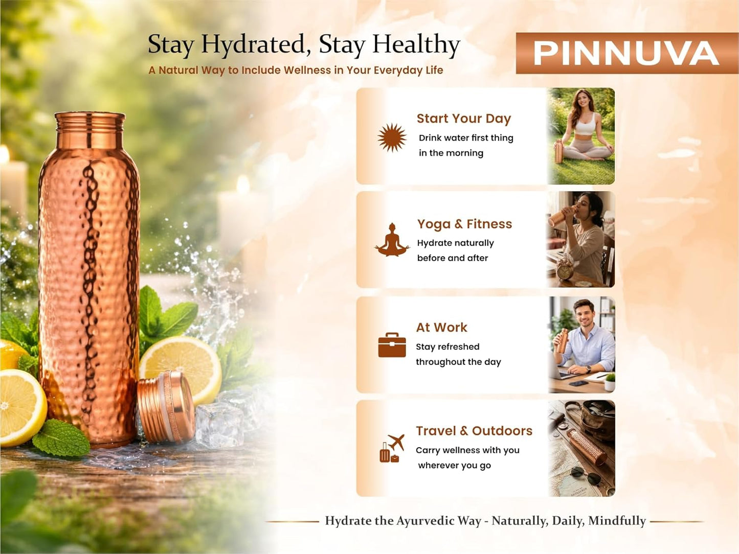 Copper Water Bottle 32Oz - Extra Large 100% Pure Ayurvedic Copper Water Bottle for Drinking, Wide Mouth, Leak-Proof Lid BPA Free Non-Insulated & Eco Friendly with Premium Quality