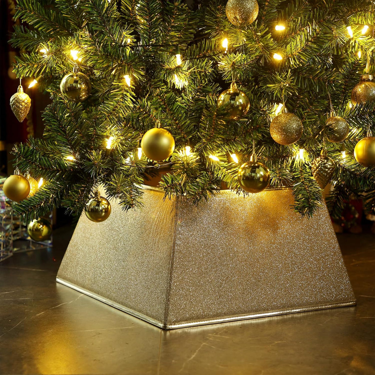 Fabric Christmas Tree Collar, Square Xmas Tree Ring, Glittering Willow Christmas Tree Skirt for Christmas Tree Decorations (Glitter Gold)