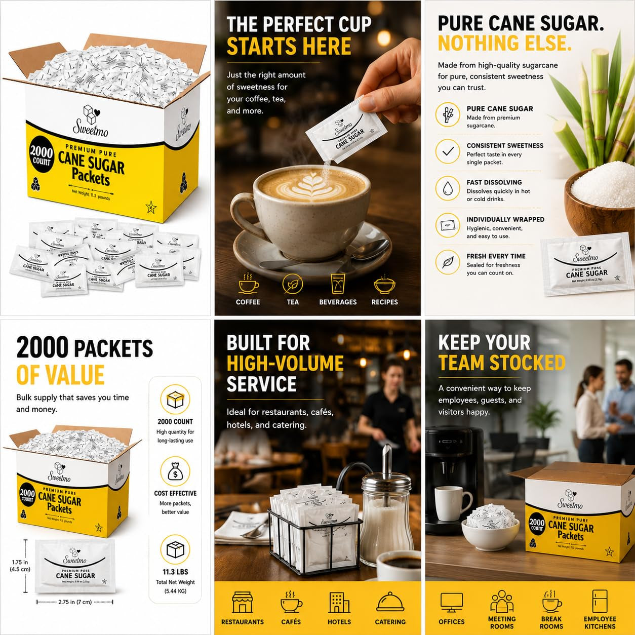 Sweetmo Sugar Packets 2000 Count – Pure Cane White Granulated Sugar Packets, Individual Wrapped, Bulk Packets for Coffee, Restaurants, Office, Cafés & Food Service