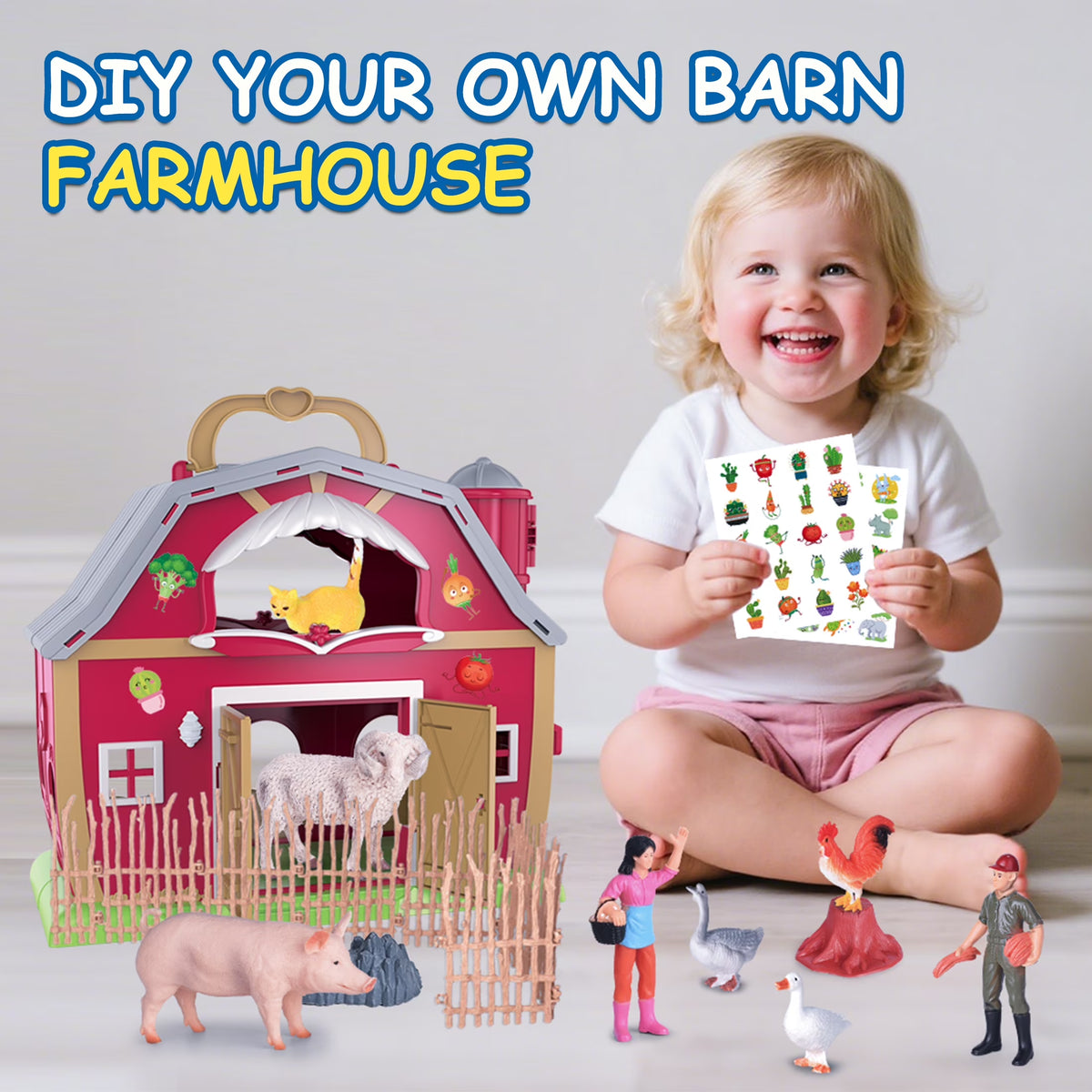 QIAHO Farm Animal Toys Take along Barn Playset for Toddlers with 10 Realistic Animal Figurines, Pretend Play Educational Gift