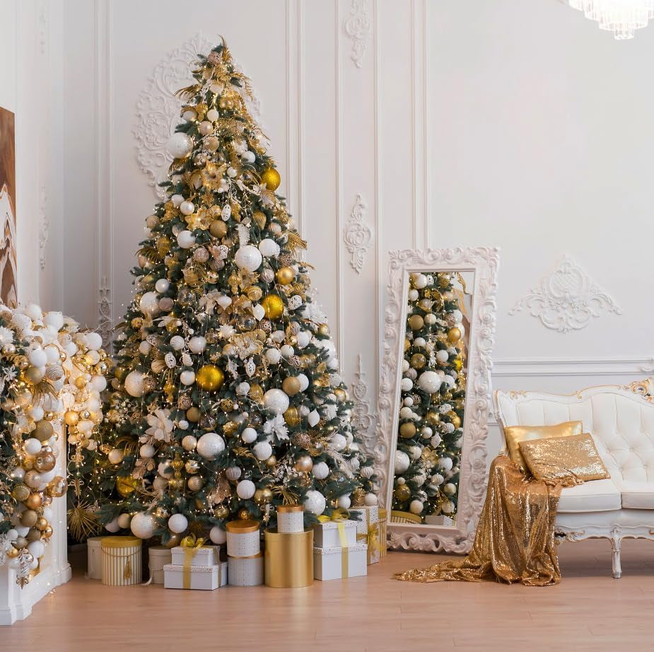 KTKDE 7.5Ft Artificial Christmas Tree Is a Green One with 1450 Tips and 200 Battery-Powered LED Columns. It Features 7.87-Inch Golden Five Pointed Star and Is Perfect for Family and Office Gatherings