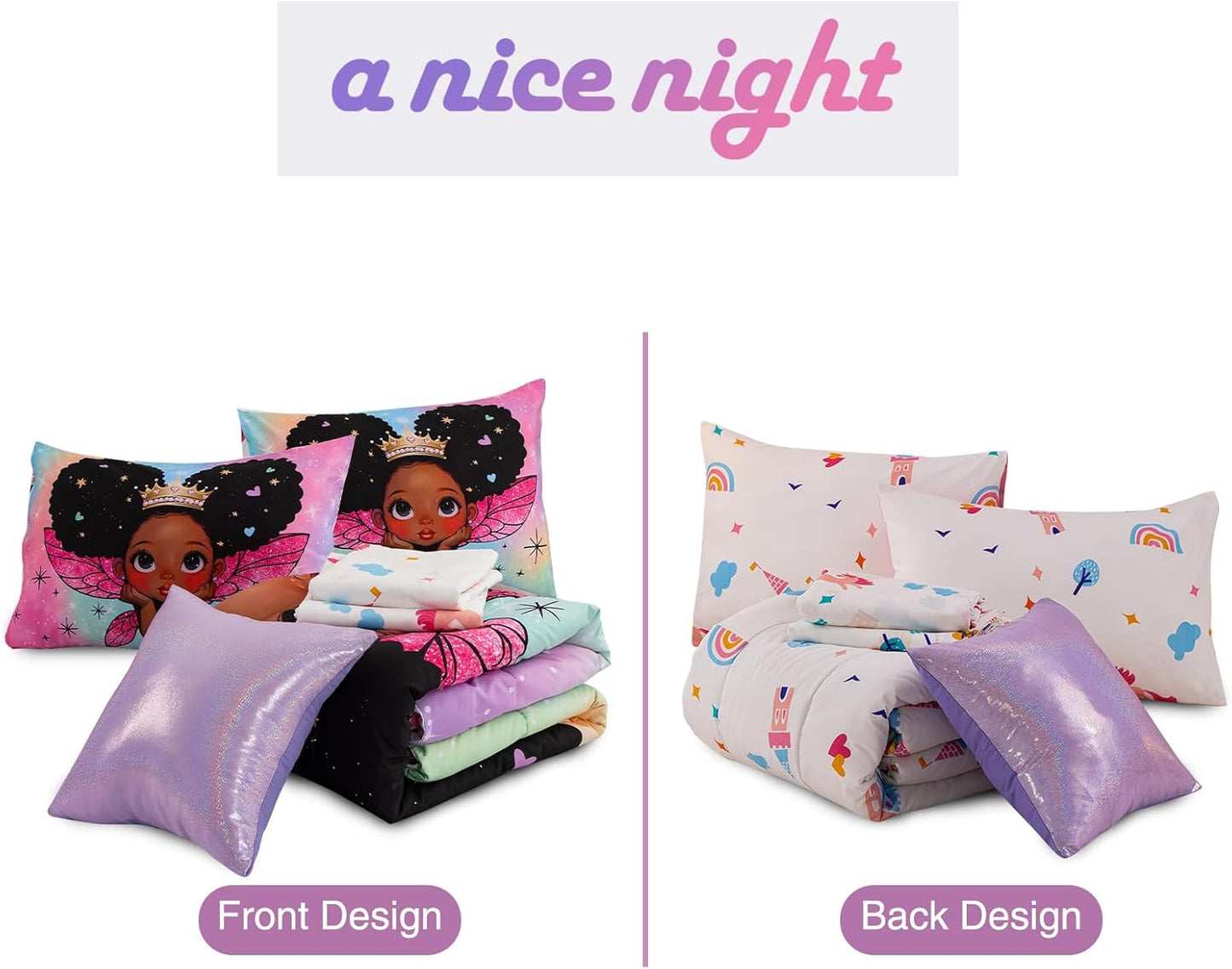 A Nice Night Black Girl Princess with Wings Comforter Set,Pink Gradient Glitter Rainbow Galaxy 6Pcs Kids Twin Size Bedding Set,Room Decor for Girls