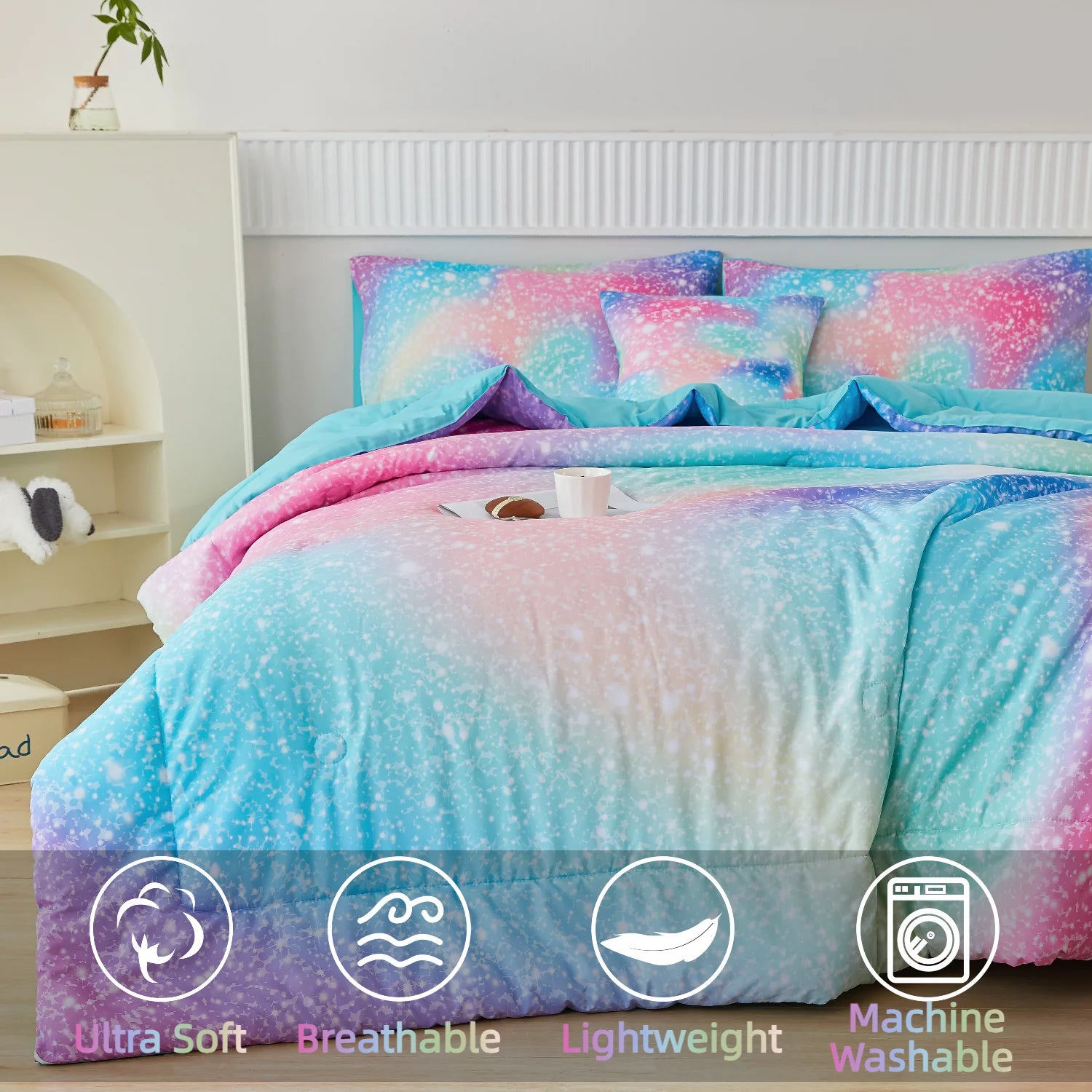 PERFEMET Kids Queen Comforter Set Girls,6-Piece Colorful Rainbow Bedding Set,All-Season Galaxy Star Bed Set with Sheets for Queen Beds