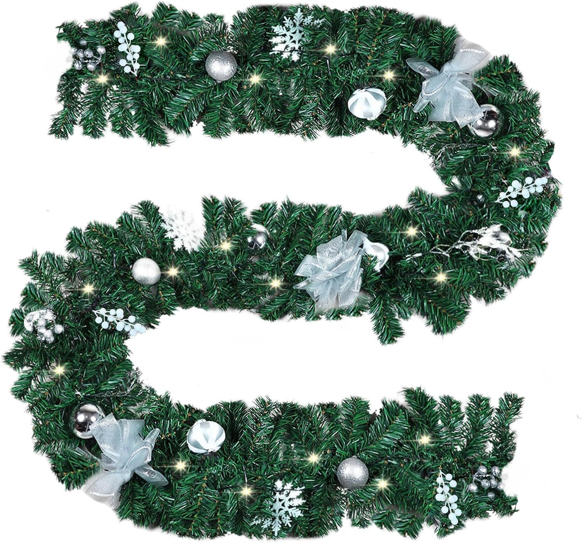 Mortime 9 FT LED Christmas Garland with Berries Bows Christmas Balls, Pre-Lit Artificial Garland with 50 Warm White LED Lights for Indoor Outdoor Christmas Decorations