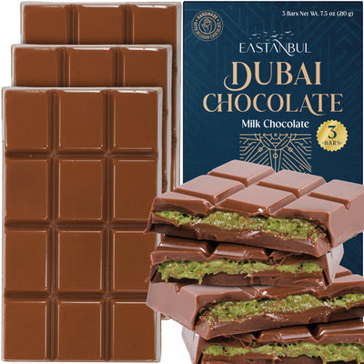 Eastanbul Dubai Chocolate Bar Pistachio,Viral Candy, 3 Pieces X Each 2.5Oz Kunafa Pistachio Mix Chocolate Bar with Phyllo Dough