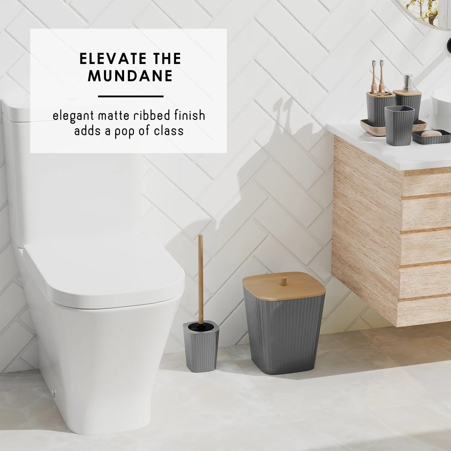 Virtu 6 Piece Bamboo Bathroom Sets, Gray Bathroom Accessories Set for Minimalistic Bathroom Décor