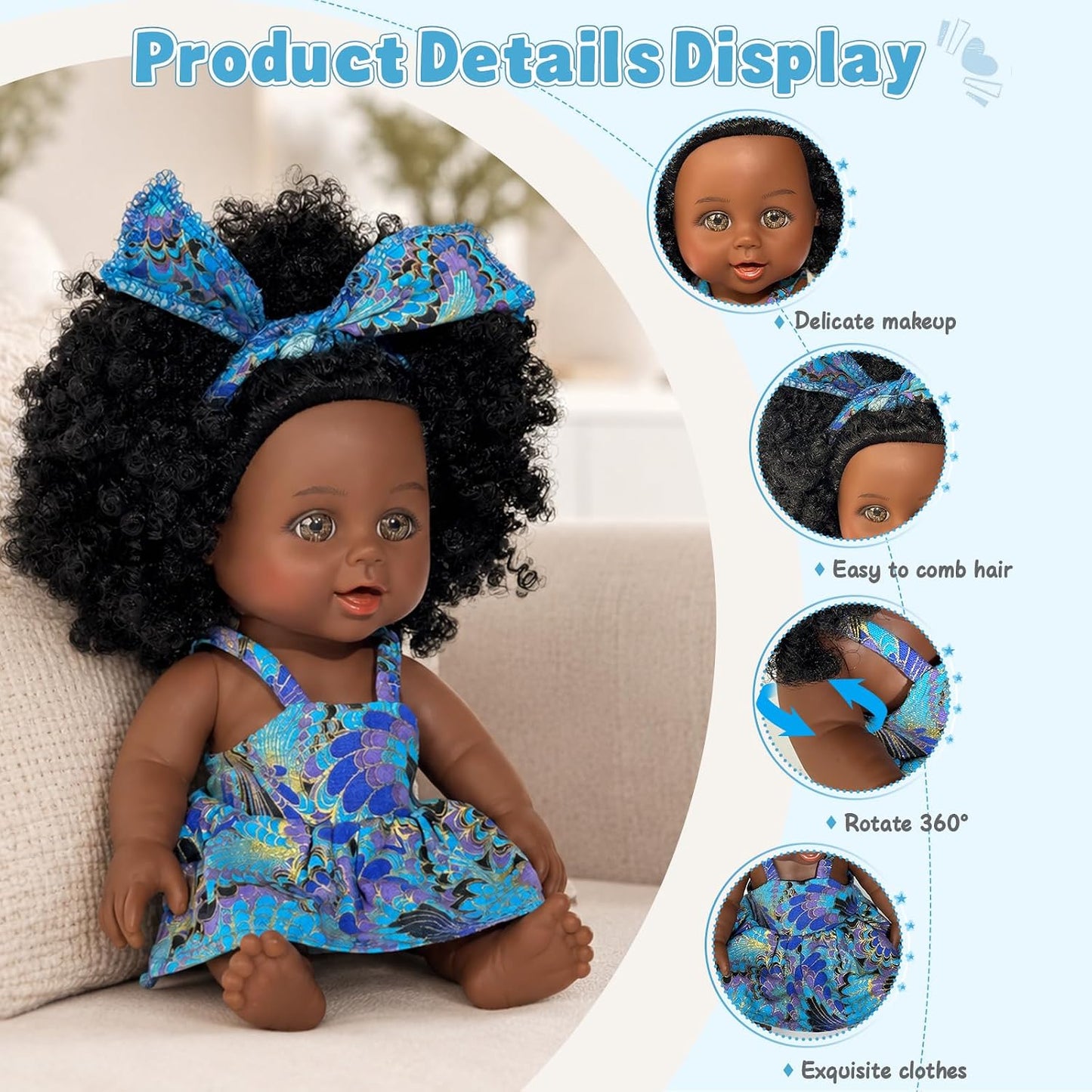 Nice2You Black Baby Doll for Girl, 10 Inch African American Black Doll with Dress, Reborn Realistic Baby Doll for Kids Aged 3-6 Years Old, Small Silicone Black Doll Toy with Curly Hair for Birthday