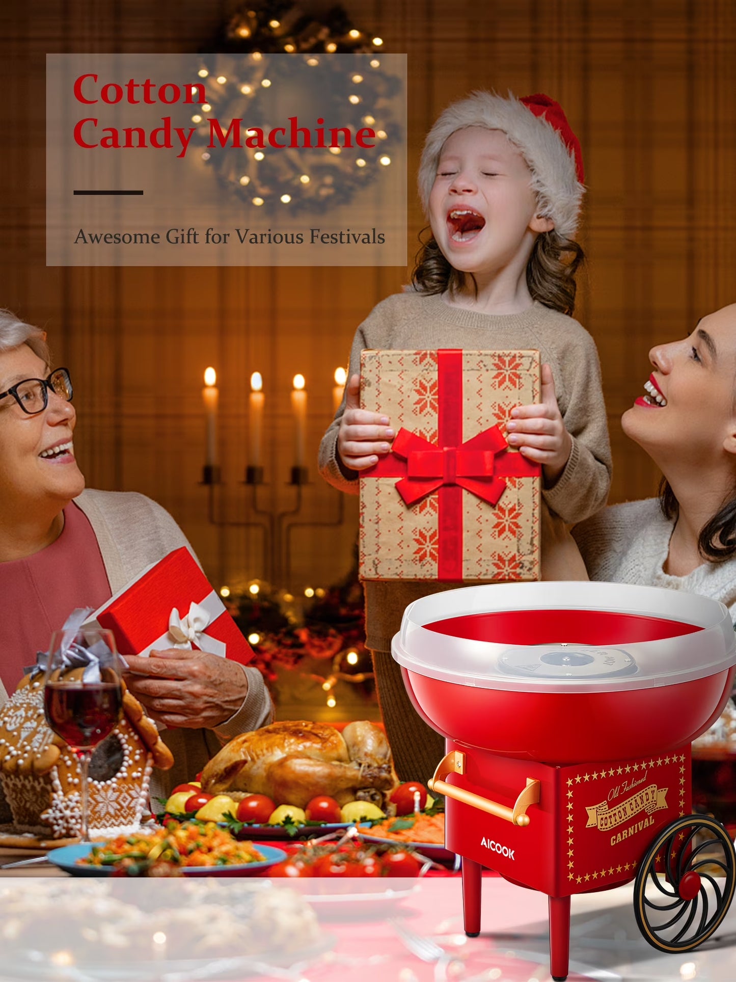 Cotton Candy Machine, Cotton Candy Maker for Kids with Candy Spoon and 10 Candy Sticks, Christmas Red, FOHERE