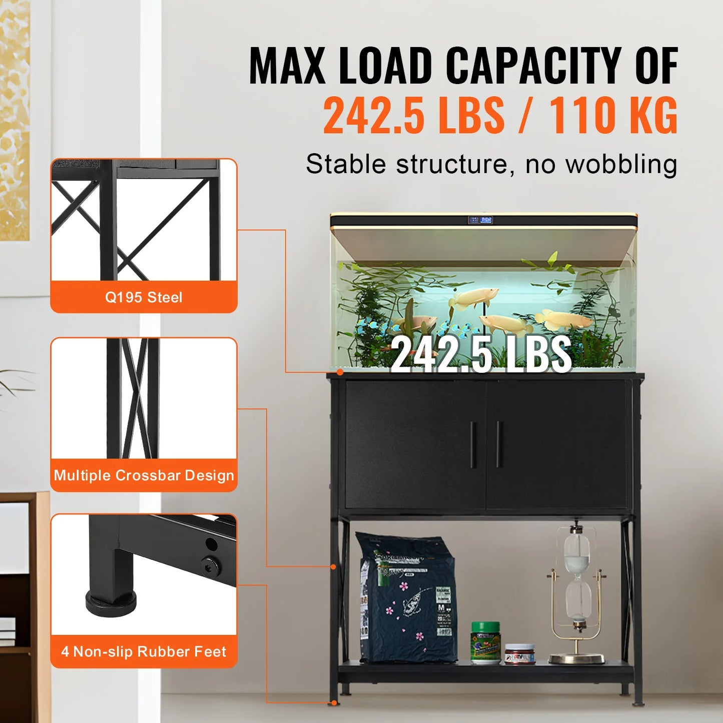 Aquarium Stand, 29 Gallon Fish Tank Stand, 28.7 X 16.5 X 30 in Steel and MDF Turtle Tank Stand, 242.5 Lbs Load Capacity, Reptile Tank Stand with Storage Cabinet and Embedded Power Panel, Black