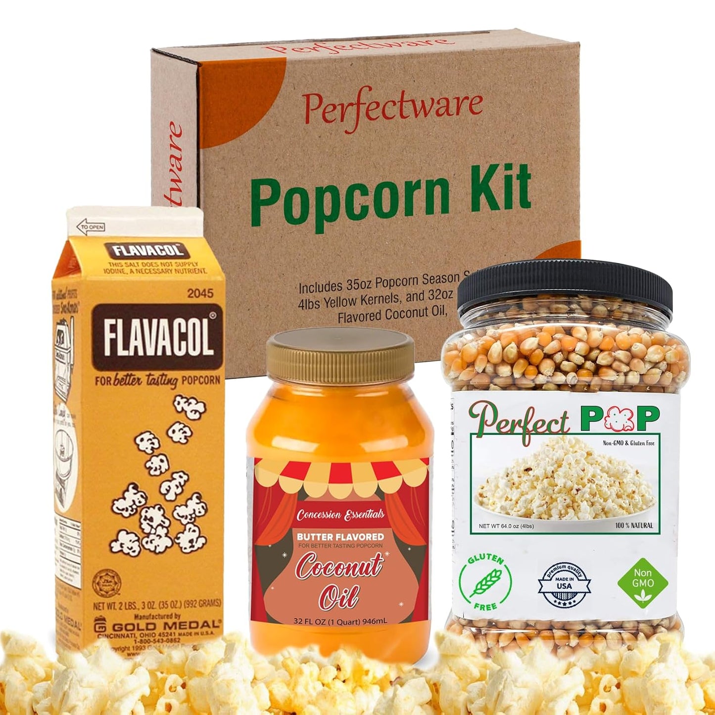 Perfectware Popcorn Kit- (Includes 35Oz Popcorn Season Salt, 4Lbs Yellow Kernels, and 32Oz Butter Flavored Coconut Oil, Plain,Pw-Popcorn Kit-3