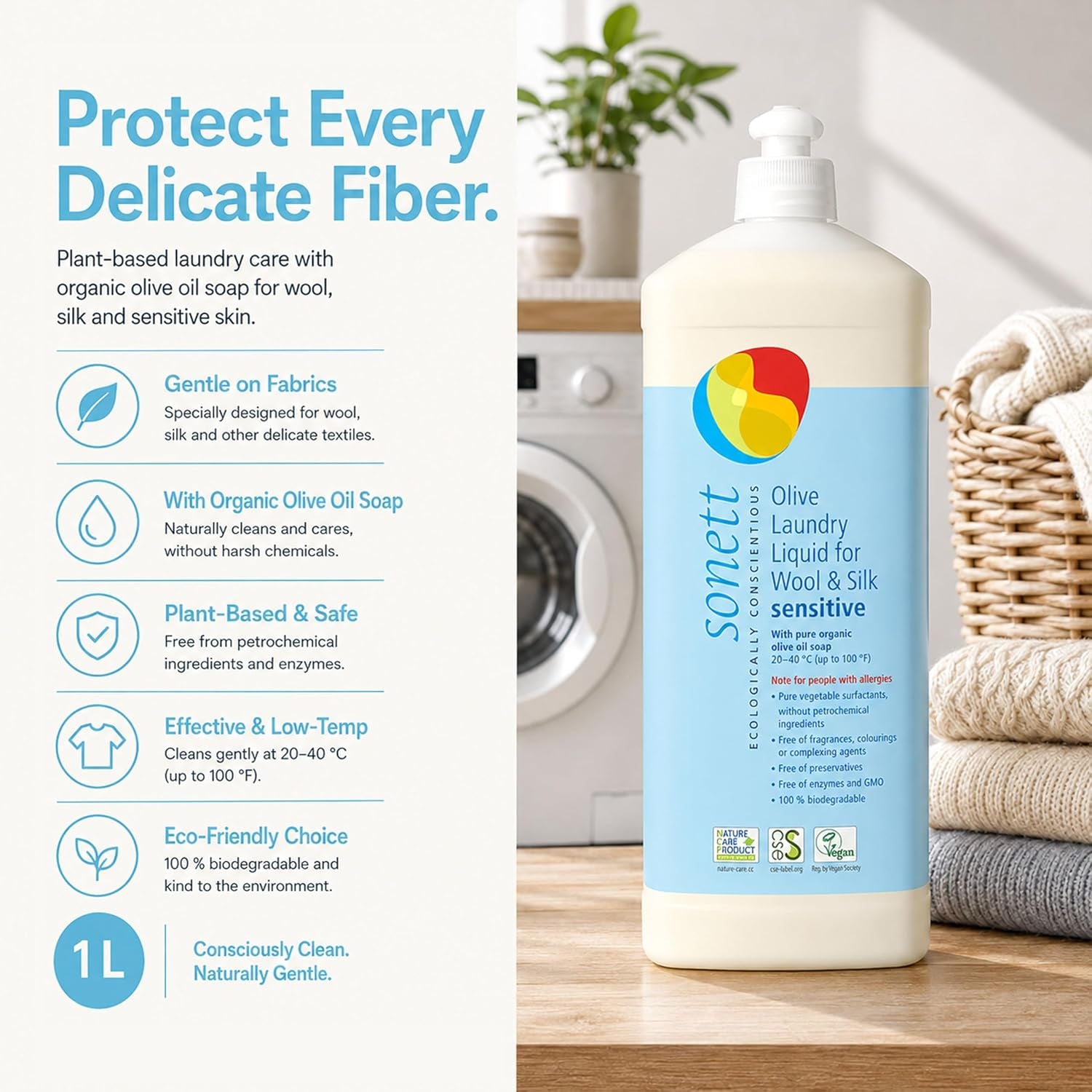 Sonett Organic Sensitive Line: Hand Soap, Dishwashing Liquid, Laundry Liquid for Wool & Silk, Foam Soap - Eco-Friendly, Hypoallergenic, Biodegradable