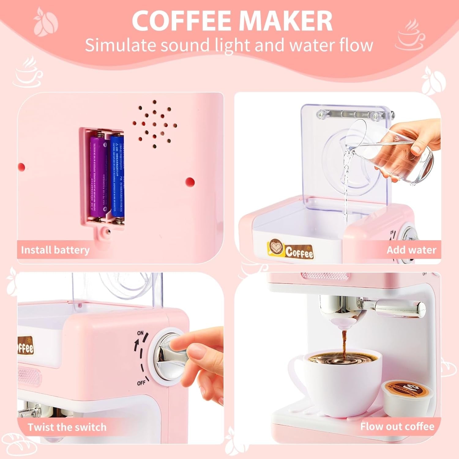 Play Kitchen Accessories, Pretend Play Kitchen Appliances Toy Set with Coffee Maker Machine, Toaster, Mixer, Blender with Realistic Lights & Sounds, Birthday Gifts for Girls Age 3-5 4-8 6-8