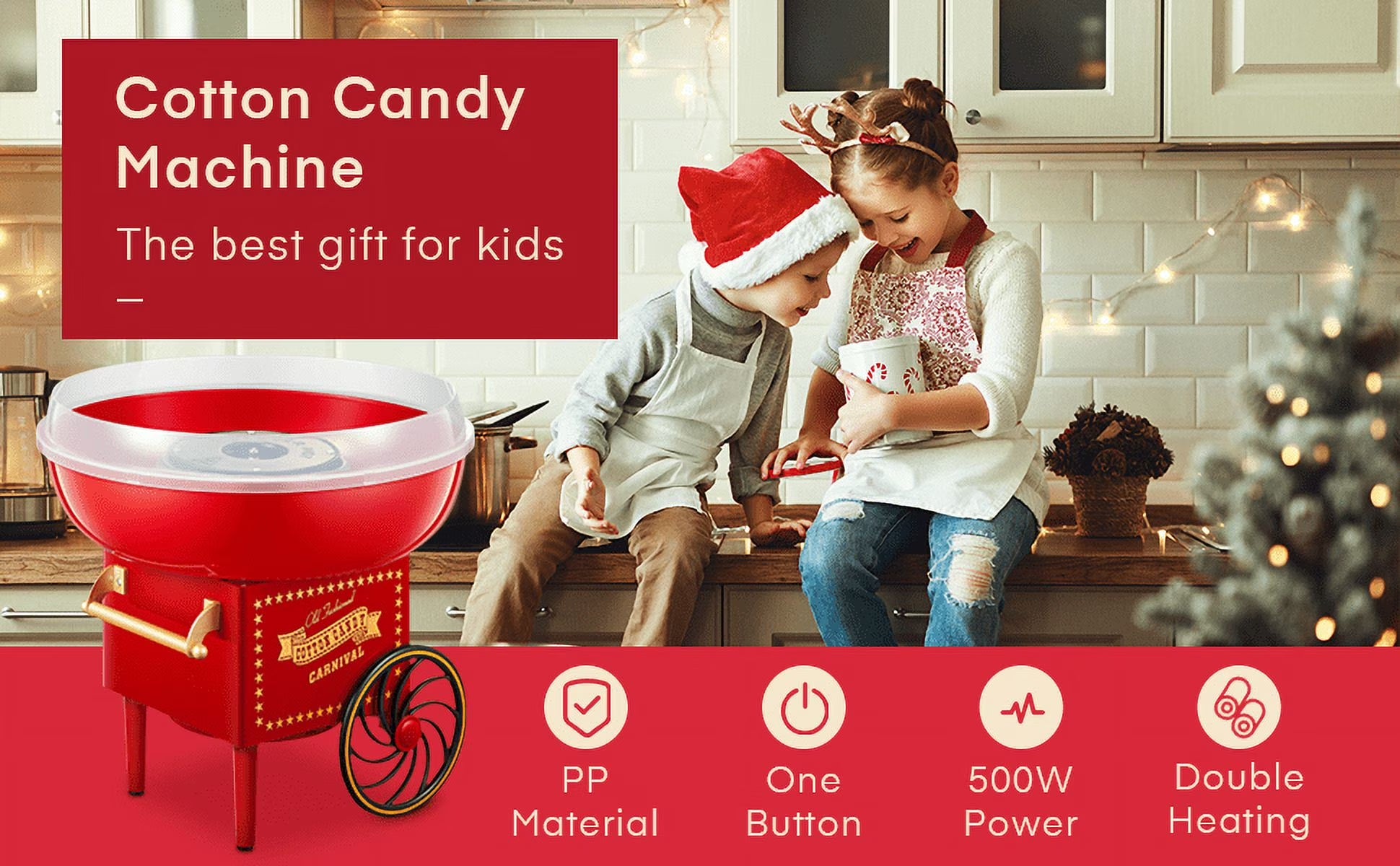 Cotton Candy Machine, Cotton Candy Maker for Kids with Candy Spoon and 10 Candy Sticks, Christmas Red, FOHERE