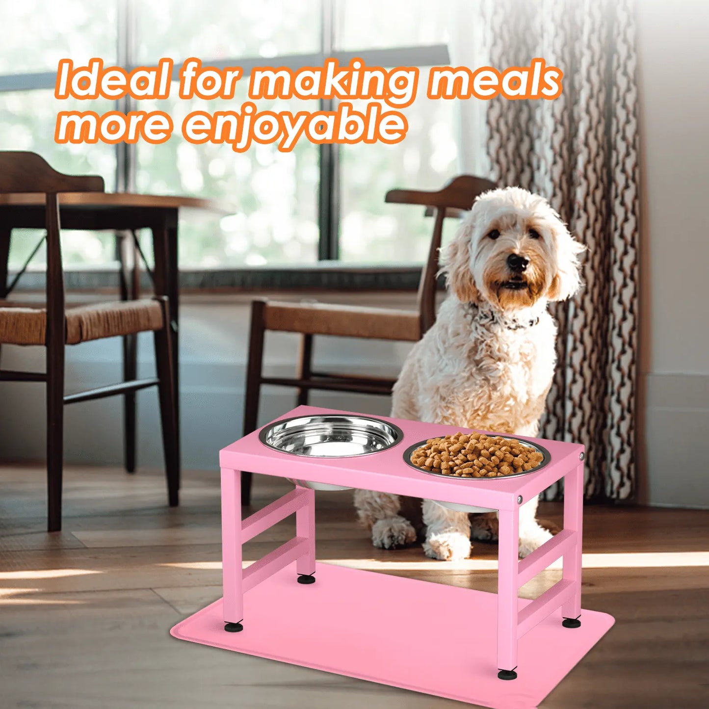Metal Raised Dog Bowl Stand for Large and Medium Dogs, Strong Elevated Dog Bowls with a Silicone Mat,Pink Dog Food & Water Bowls ,10In Tall Dog Feeder Elevated Bowl
