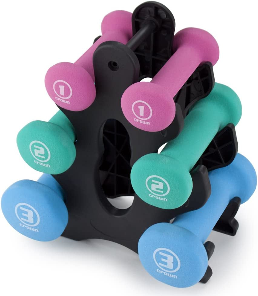 Crown Sporting Goods Hand Weights Dumbbells Set - 1, 2 and 3 Lbs with Rack - Soft and Comfortable Neoprene Weights Set for Home Gym - Indoor and Outdoor Dumbbell Sets with Rack