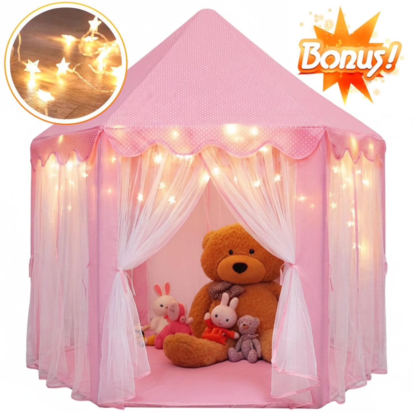 Princess Castle Playhouse Tent for Girls with LED Star Lights – Indoor & Outdoor Large Kids Play Tent for Imaginative Games – Princess Tent, 230 Polyester Taffeta. Pink 55"X53".