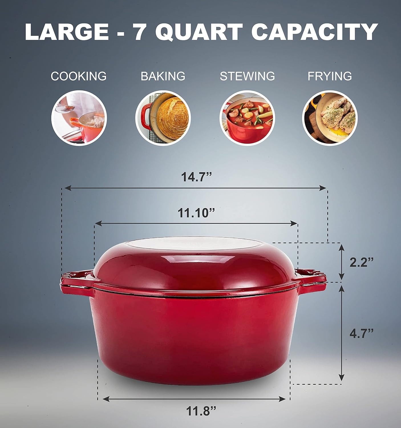 Bruntmor 7 Quart Dutch Oven Pot with Lid - 2-In-1 Oval Cast Iron Enamel Cookware with Skillet Top - Enameled Dutch Oven for Bread, Baking, Stews, Roasting - Heat Resistant up to 500°F - Red Finish