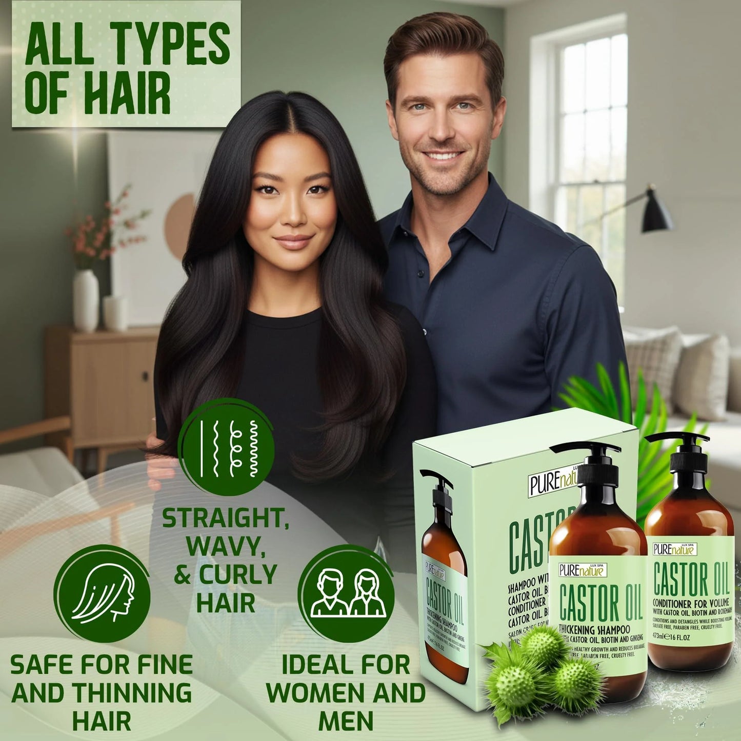 Castor Oil Shampoo and Conditioner Set 16 Fl Oz Set of 2 Sulfate Free Volume Thickening Products for Fine Thinning Hair anti Breakage and Volumizing Thick Professional Salon Formula