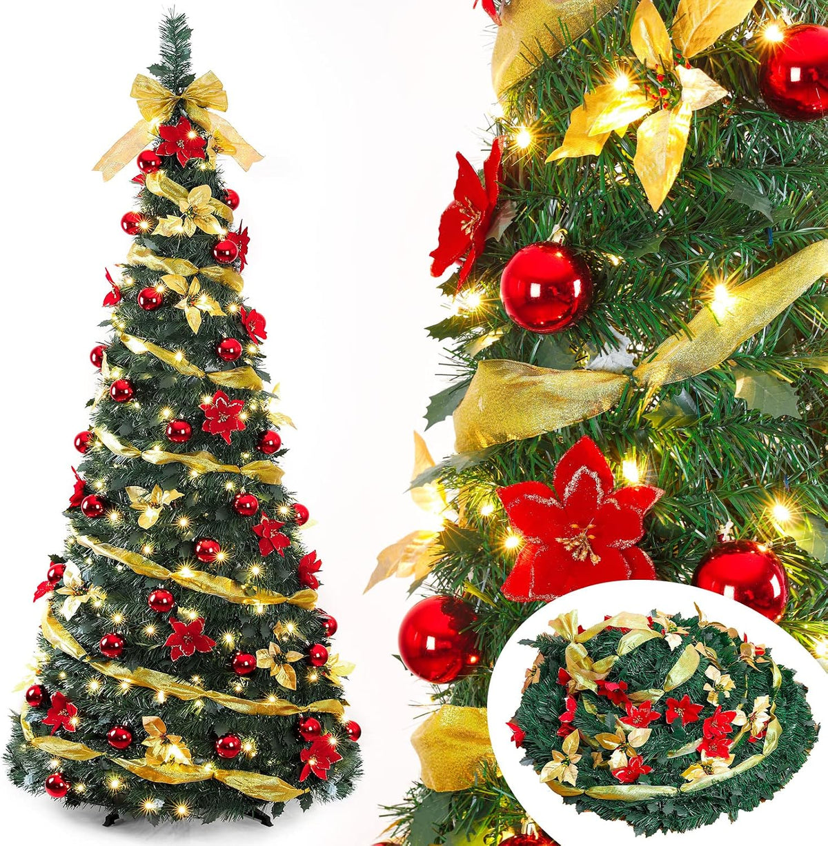 Decoway Pre Lit Christmas Tree: Pop up 6 FT Warm White LED Lights (Yellow)