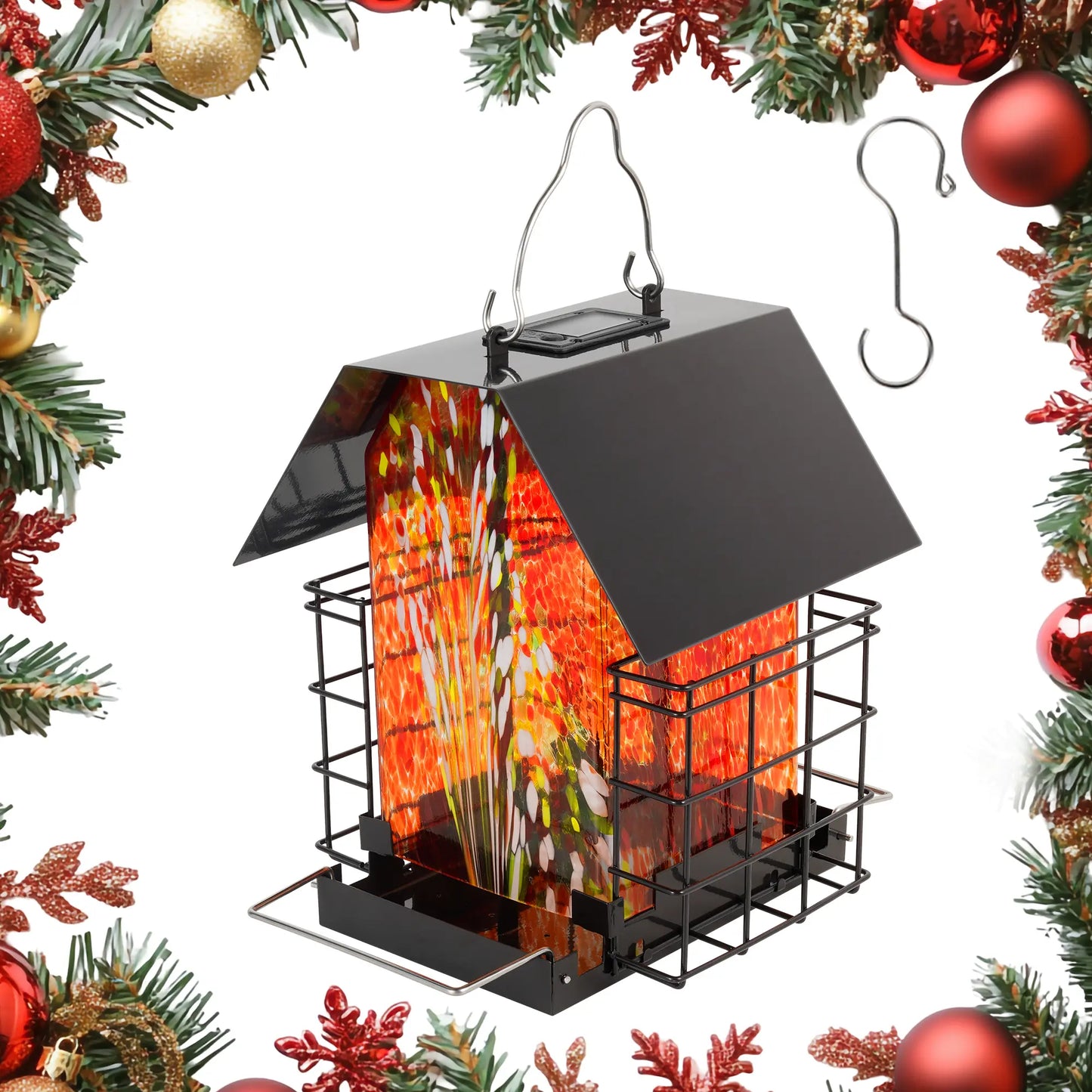 LUJII Solar Bird Feeder for Outdoors – Hand-Blown Glass with 2 Suet Cake Cages, Metal Roof, All-Weather Feeder for Woodpeckers, Cardinals, Blue Jays & Songbirds, Red, Unique Christmas & Holiday Gift for Bird Lovers