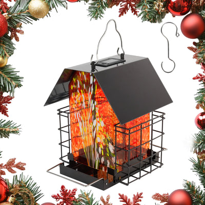 LUJII Solar Bird Feeder for Outdoors – Hand-Blown Glass with 2 Suet Cake Cages, Metal Roof, All-Weather Feeder for Woodpeckers, Cardinals, Blue Jays & Songbirds, Red, Unique Christmas & Holiday Gift for Bird Lovers