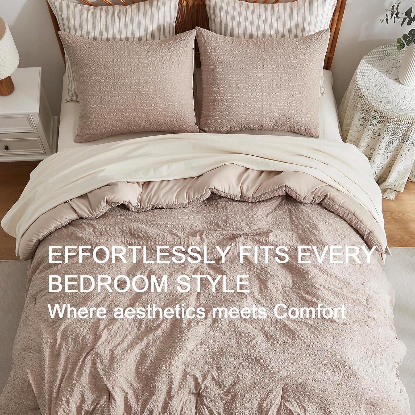 Brown Boho Seersucker Comforter Set King Size,Textured Lightweight Breathable Bedding 1 Comforter& 2 Shams