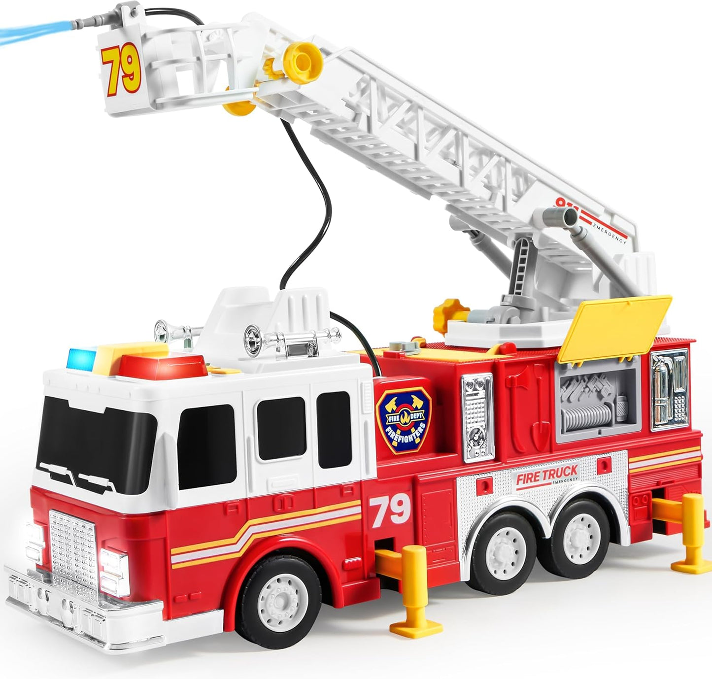 JOYIN Extra Large 33-Inch Ladder Fire Truck Toy and 25 in 1 Construction Truck Vehicle Toy Set, Play Vehicles Set with Sounds and Lights in Carrier Truck, Push and Go Vehicle Car Toy