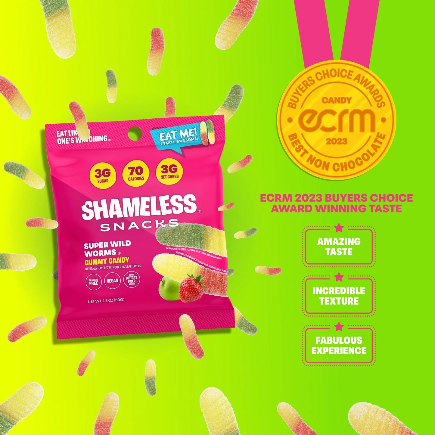 Shameless Snacks - Healthy Low Calorie Snacks, Low Carb Keto Gummies (Gluten Free & Non GMO Candy) - 6 Pack Wild Worms