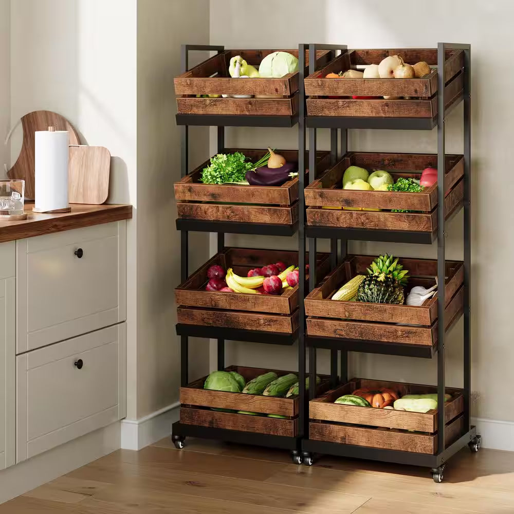 59 In. H Brown Wood 4-Tier Kitchen Cart Mobile Fruit and Vegetable Storage Utility Shelf Organizer Rack with Wheels