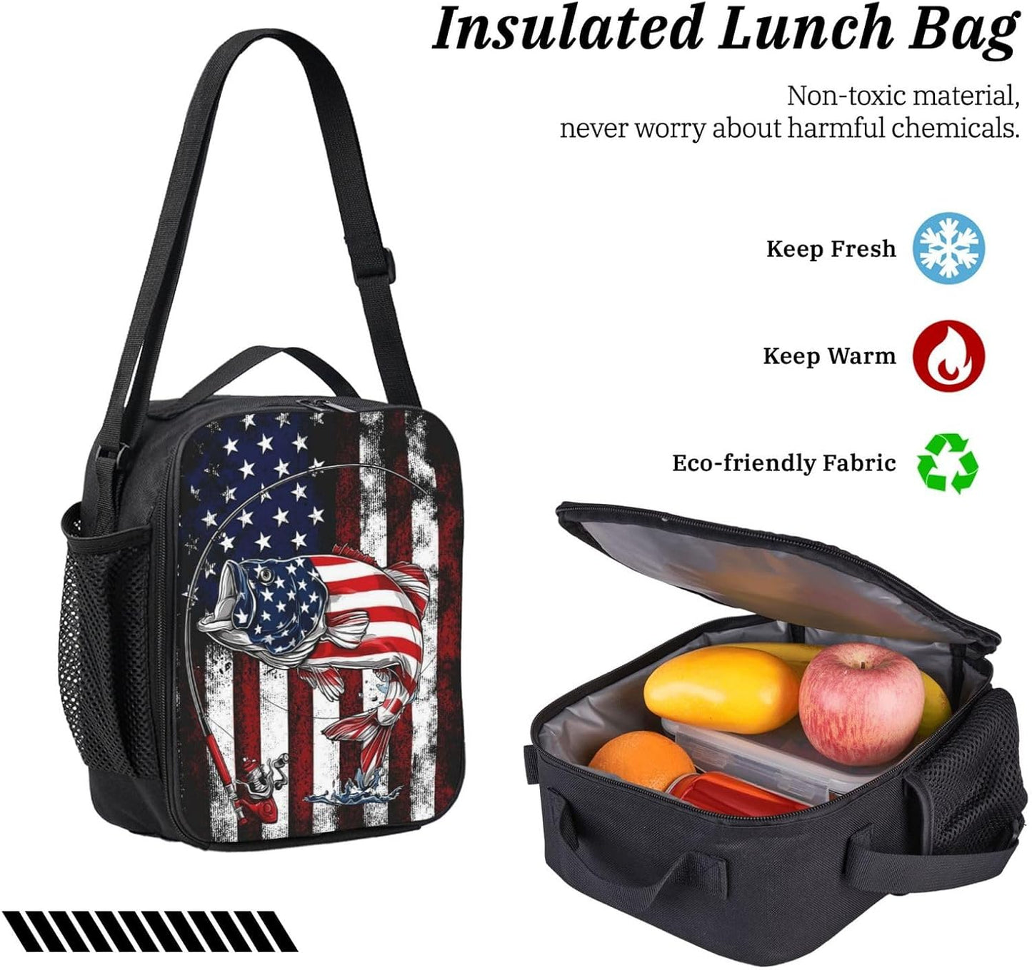 USA Fish Kid Backpack Set with Lunch Bag & Pencil Case Large Capacity School Bag 17 Inch Bookbag for Boy Girl