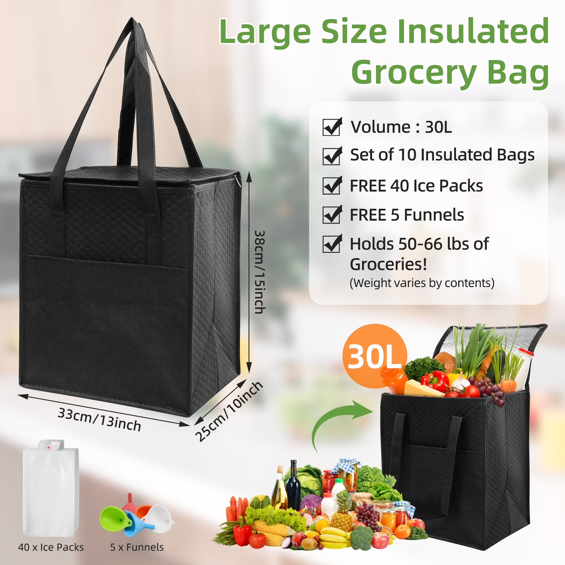 Sentryse 10-Pack Insulated Grocery Bags with Zipper, Large Reusable Cooler Bags for Frozen Food, Grocery Shopping, Meal Transport, Picnic & Travel + 40 Ice Packs & 5 Funnels