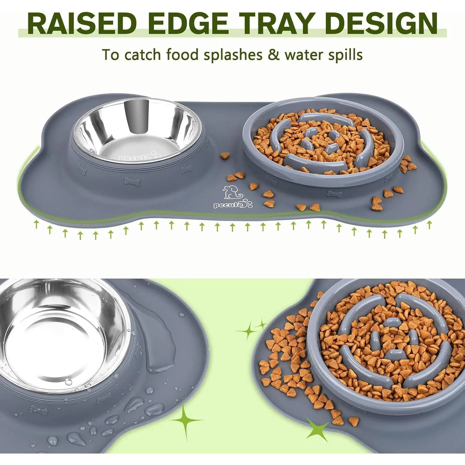 Pecute Slow Feeder Dog Bowls to Slow down Eating, Dog Bowl Slow Feeder with No-Spill Non-Skid Silicone Mat, Food-Grade Safe Dog Food Bowls Slow Feeder, Stainless Steel Dog Water Bowl for Dogs Cats