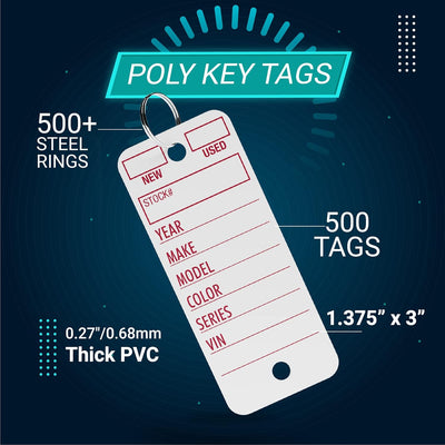 Better Office Products 500 Poly Key Tags, 1.375" X 3", Durable Plastic Dealership Automotive Service Shop Tags, Includes 500+ Rings and 2 Black Markers, (White)