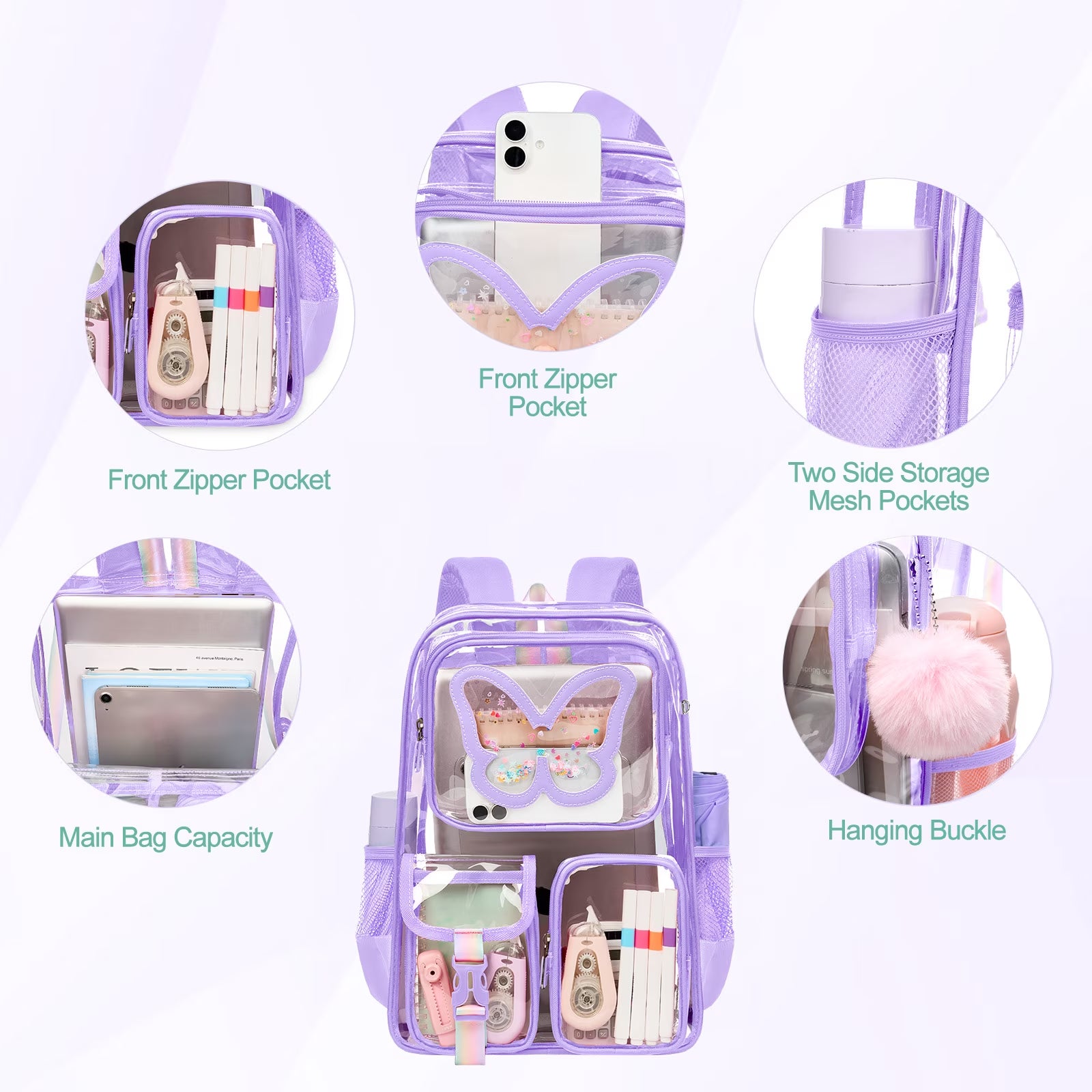 SANMADROLA Clear Backpack Heavy Duty Transparent Bookbag Teen Girlish Cute Bag Large Capacity See through Backpacks Stadium Approved Daypack for Middle School College Sport/Travel, Purple Butterfly