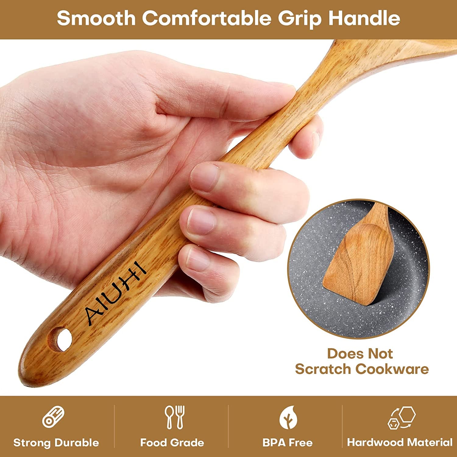AIUHI Wood Spoons for Cooking, Nonstick Kitchen Utensil Set, Wooden Spoons Cooking Utensil Set Non Scratch Natural Teak Wooden Utensils for Cooking (Teak 8 Pack)
