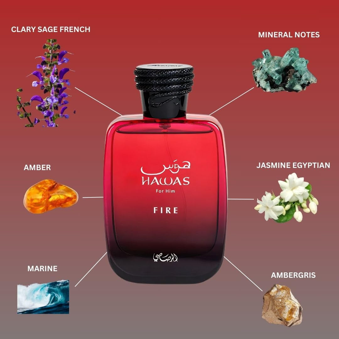 RASASI Hawas Fire Eau De Parfum Spray 100ML(3.4 Oz) - Bold Long Lasting Arabian Perfume for Men with a Fiery Essence - Indulge in a Luxurious Perfume Men That Captures Masculine Elegance and Strength