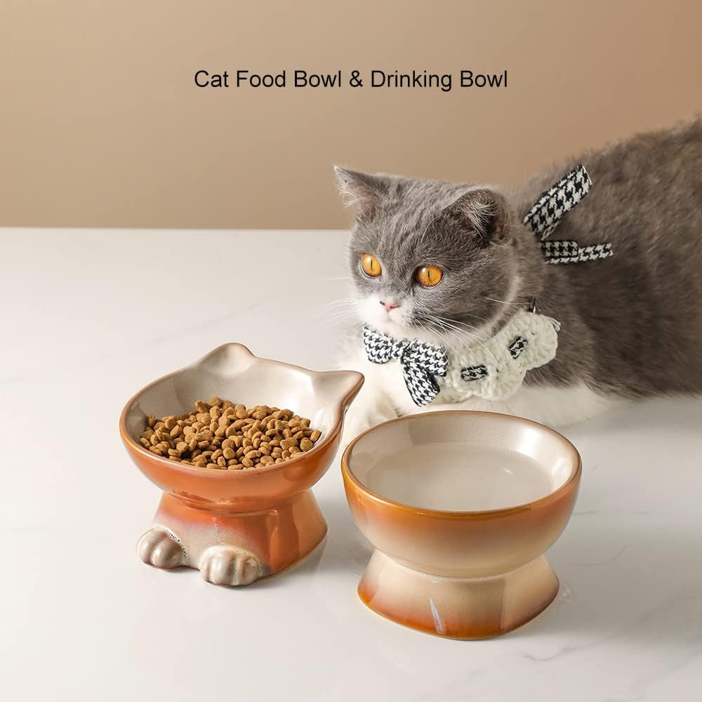 Nihow Elevated Cat Bowls,5 Inch Ceramic Raised Cat Food and Water Bowl Set