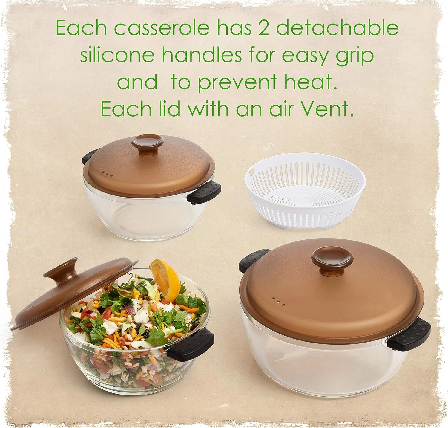 Moss & Stone 3-Piece Kitchen Glass Casserole Dish Set with Lids, Oven & Microwave Safe