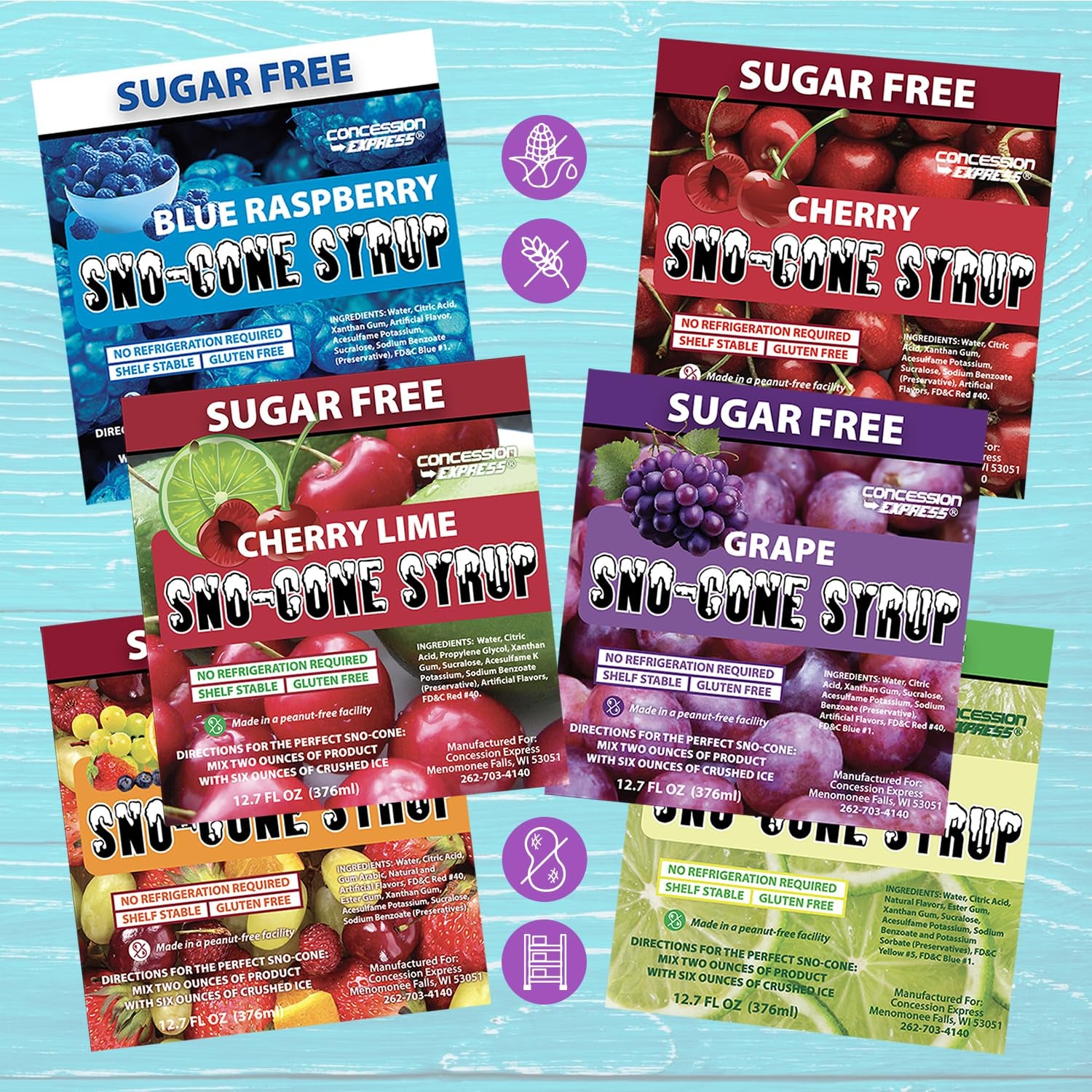 Concession Express Sugar Free Snow Cone Syrup Variety Pack, 12.7 Oz Bottles (12 Pack) – Blue Raspberry, Cherry, Cherry Lime, Fruit Punch, Grape, Lemon Lime, Orange, Pina Colada, Pink Lemonade, Raspberry Lemonade, Strawberry, and Watermelon