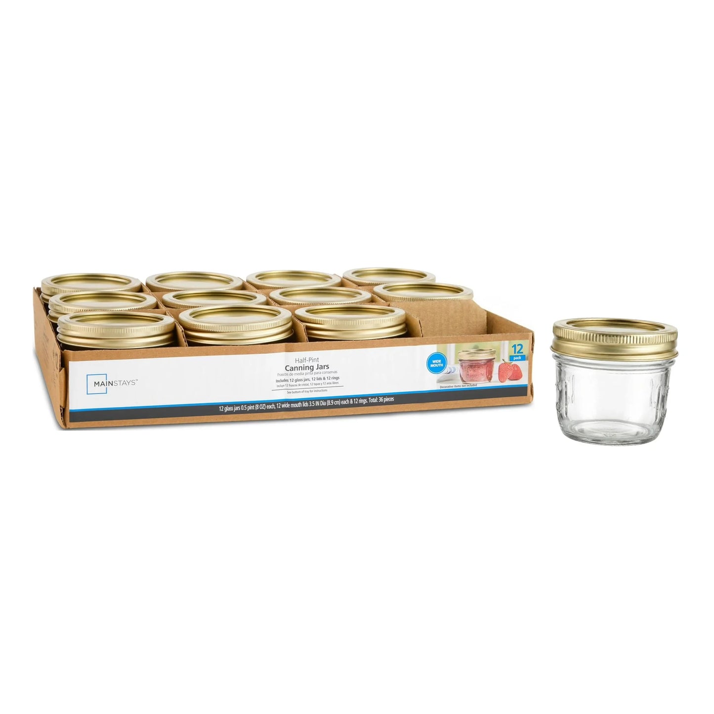 (2 Pack) Mainstays 8 Oz Mason Jars, Wide Mouth Half Pint Canning Jars with Lids and Rings, 12-Pack Small Glass Jars for Home Canning and Meal Prep