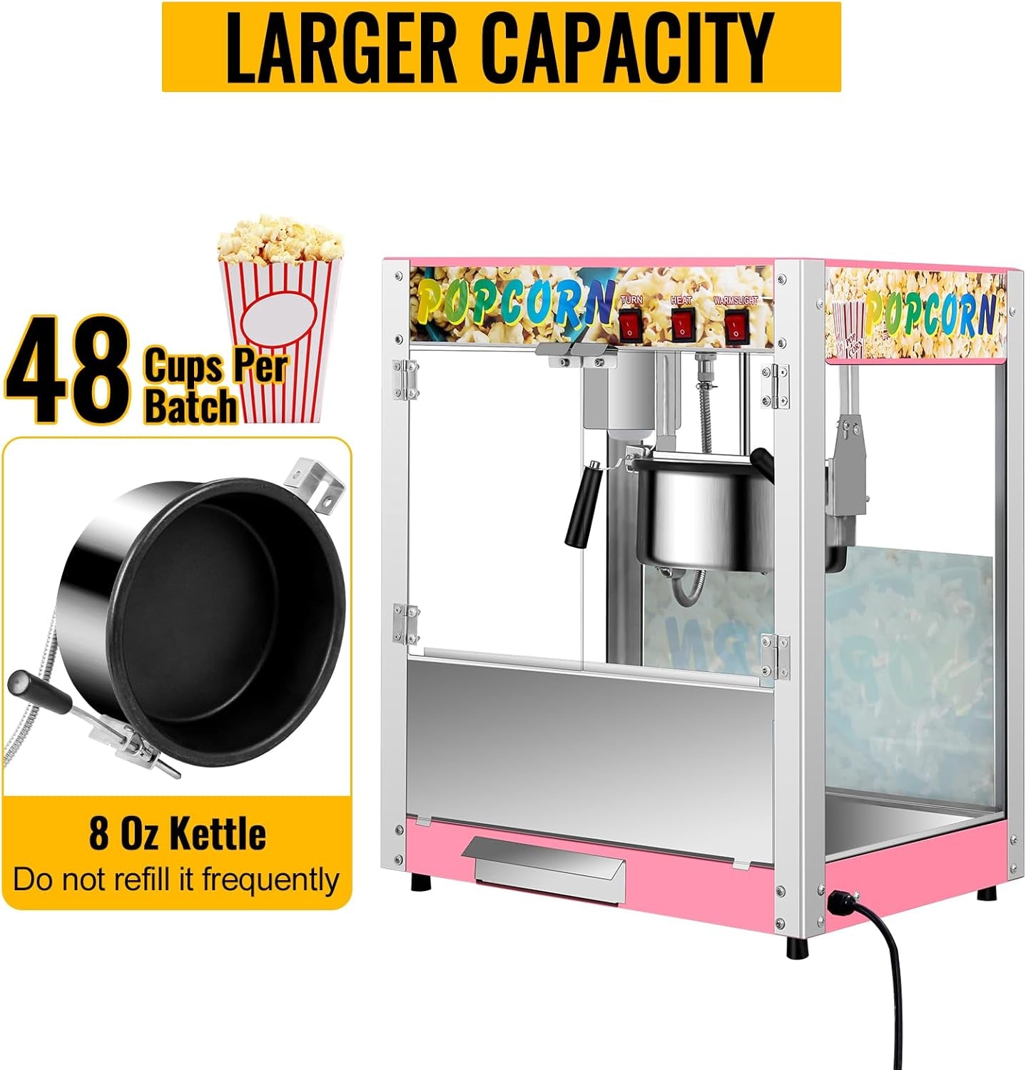 Commercial Countertop Popcorn Maker Machine 8 Ounce Kettle Movie Theater Automatic Popcorn Popper with Heating Rod Heat Lamp Safety Tempered Glass Doors