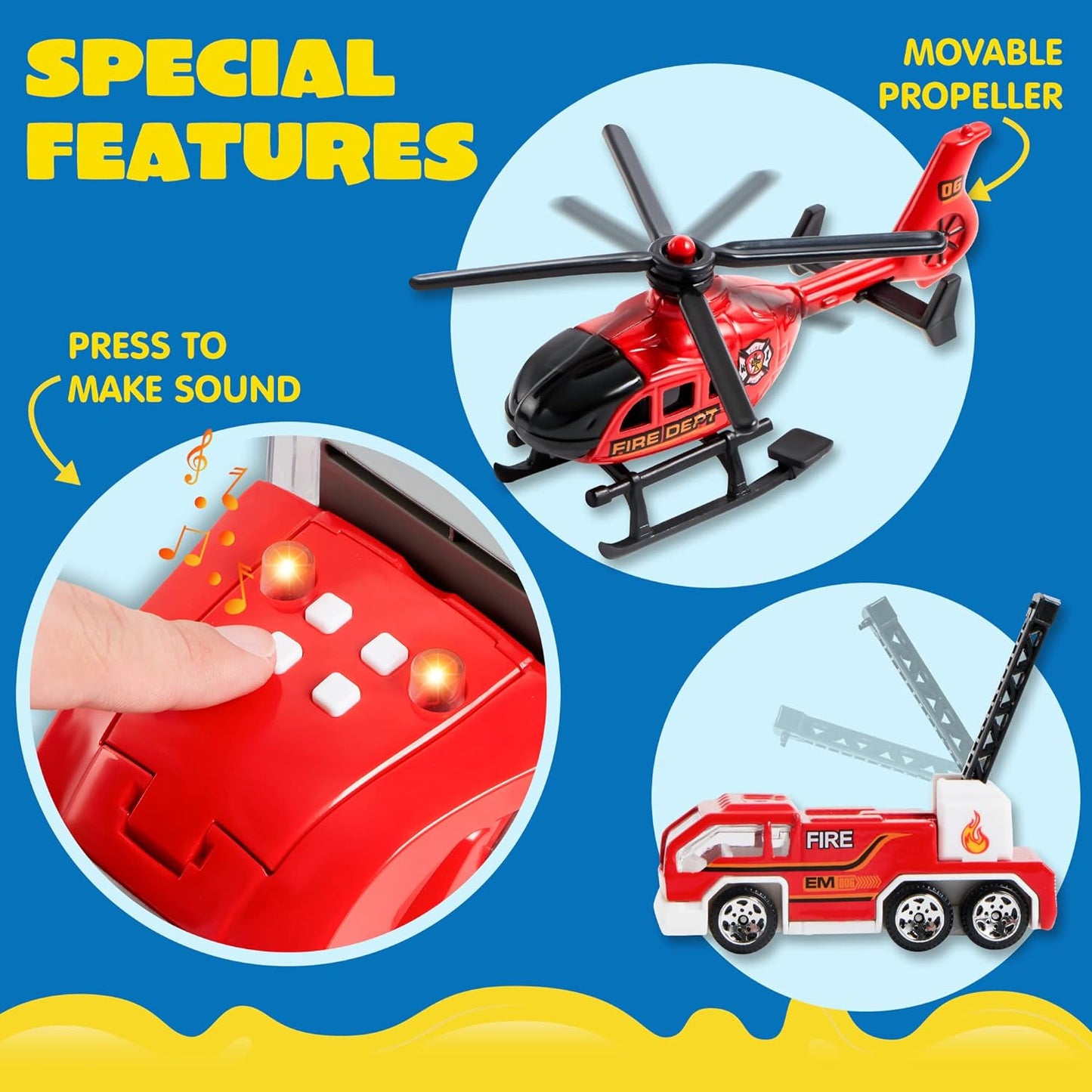 JOYIN 25Pcs Die-Cast Construction Play Vehicle Set with 25Pcs Rescue Emergency Fire Truck Car Vehicle Toy Set, Carrier Truck with Sounds and Lights, Birthday Gifts for over 3 Years Old Boys