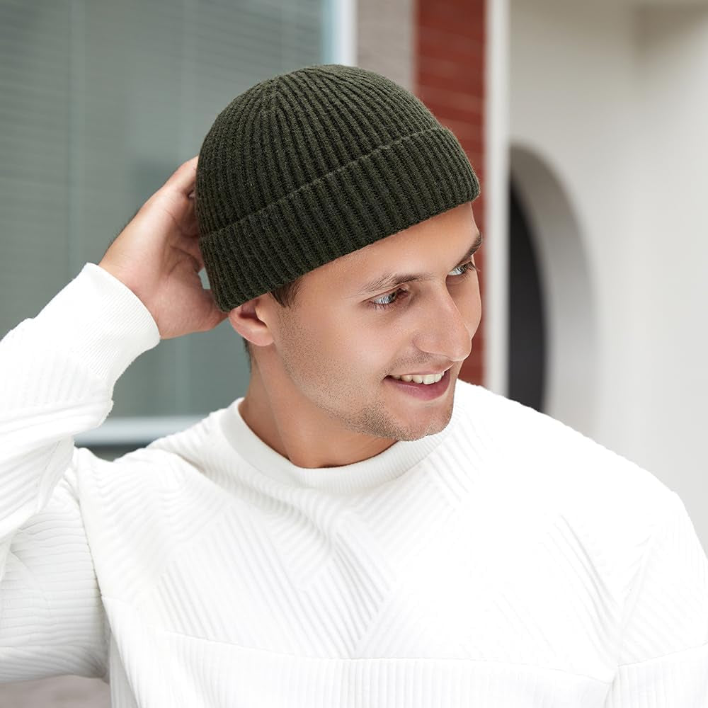 3 Pack Wool Fisherman Beanies for Men, Short Knit Watch Cap Cuffed Hats