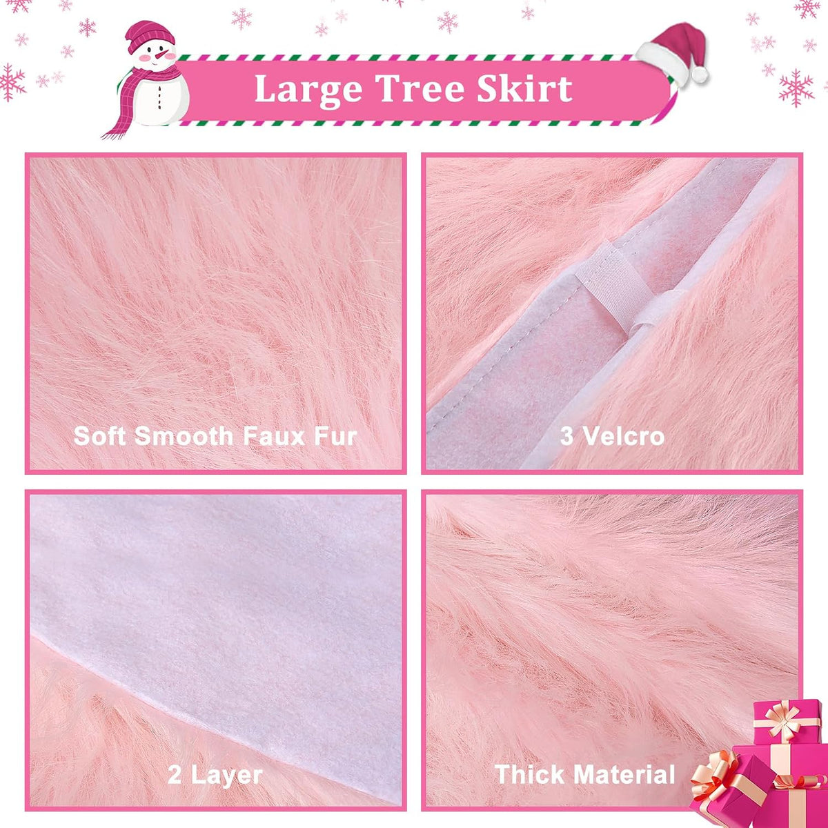 Pink Fur Tree Skirt, 36 Inch Faux Fur Fluffy Christmas Tree Skirt