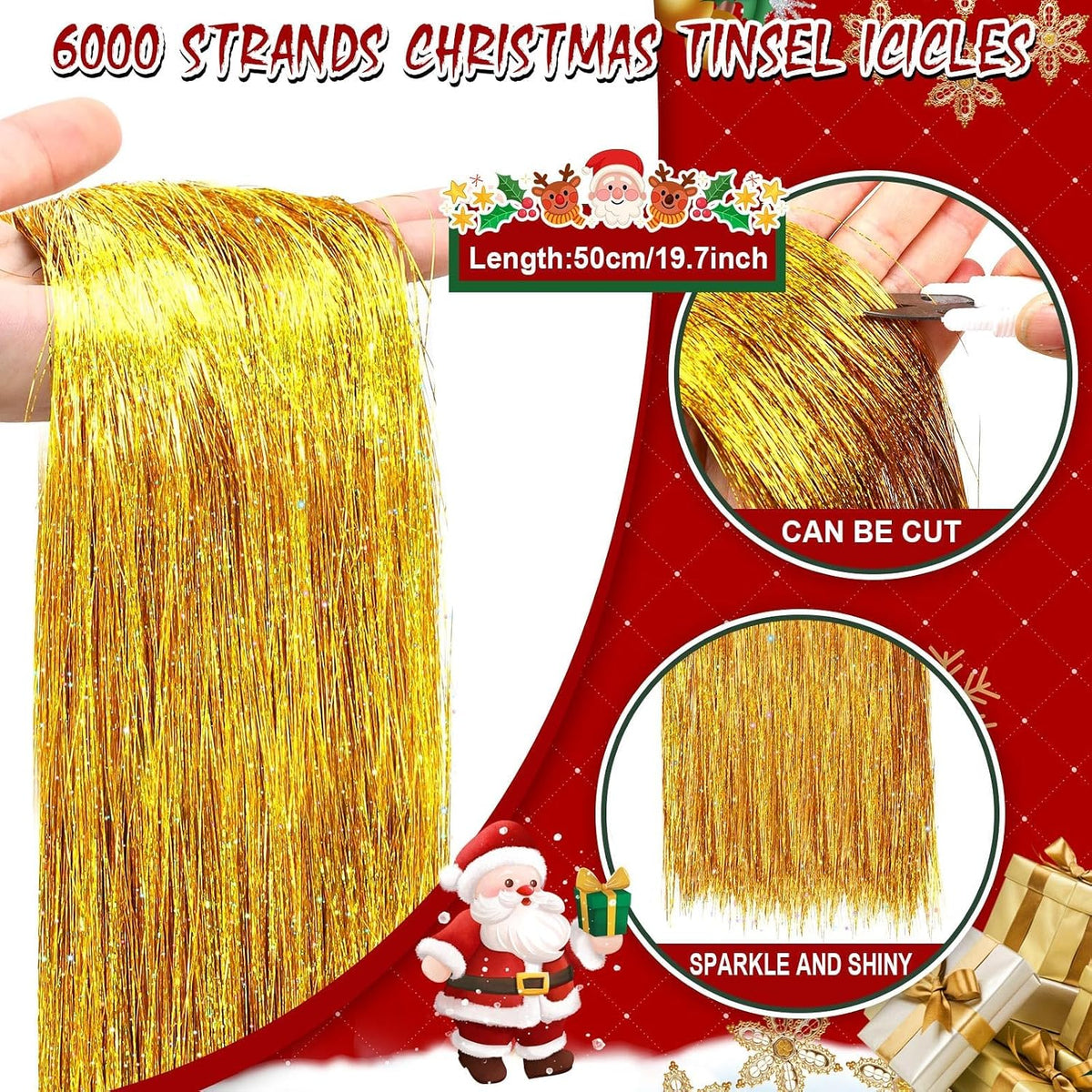 6000 Strands Christmas Tinsel Icicles, Gold Tinsel Foil Fringe Icicles