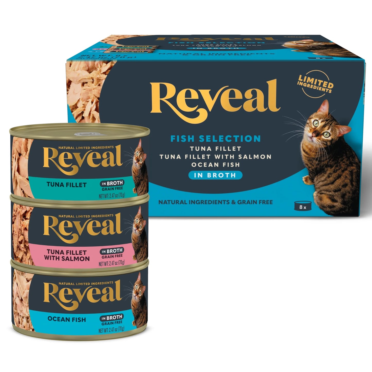 Reveal Pet Food Natural Wet Cat Food Fish Selection in Broth 8 X 2.47Oz Cans