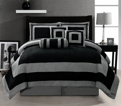 Grand Linen Oversize Black/Grey Comforter Set Micro Suede Patchwork Bed in a Bag King Size Bedding