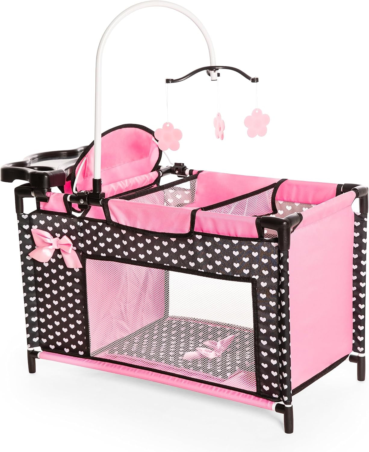 Bayer Baby Doll Furniture Set with Bed, Highchair & Hangers, Black/Pink | Nursery Station with Feeding Tray, Blanket, Pillow and Storage Compartment for 18 Inch Dolls. Encourages Roleplay